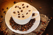 Latte on wooden table on brown background