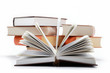 A stack of books on a white background.