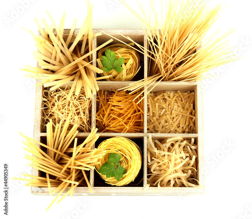 Photo: Nine types of pasta in wooden box sections isolated on white Nine types of pasta in wooden box sections isolated on white