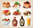 Classic breakfast cartoon set with pancakes, toasts and waffles