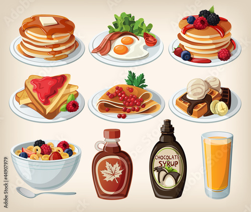 Vector: Classic breakfast cartoon set with pancakes, toasts and waffles Classic breakfast cartoon set with pancakes, toasts and waffles