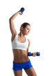 Photo: woman posing with dumbbells in fitness costume woman posing with dumbbells in fitness costume