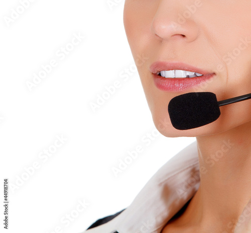 Photo: call center operator against white background. call center operator against white background.