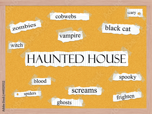 Illustration: Haunted House Corkboard Word Concept Haunted House Corkboard Word Concept