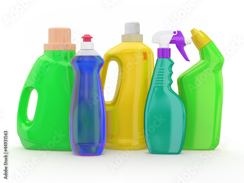 Ilustración: Different detergent bottles. 3d Different detergent bottles. 3d