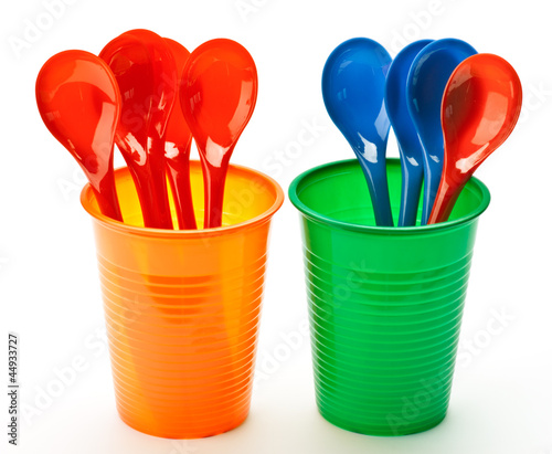 Photo: cups and spoons; recyclable plastic cups and spoons; recyclable plastic