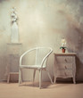 Interior design of room with furniture in beige-white colors