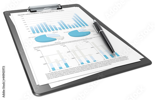 Illustration: Financial. Clipboard with Papers and Pen. Graphs and Pie charts. Financial. Clipboard with Papers and Pen. Graphs and Pie charts.