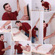 Montage of a man wallpapering