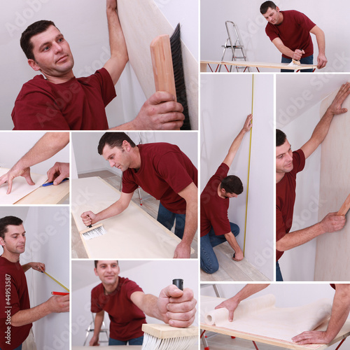 Photo: Montage of a man wallpapering Montage of a man wallpapering