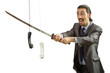 Angry businessman cutting the phone cable