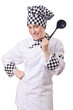 Woman cook with ladle on white