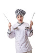 Woman cook with ladle on white