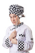 Woman cook with ladle on white