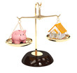 Illustration: Piggy bank and house on bowls of scales Piggy bank and house on bowls of scales