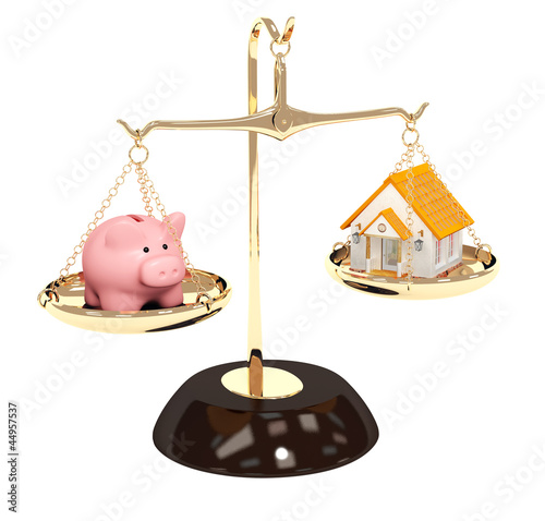 Illustration: Piggy bank and house on bowls of scales Piggy bank and house on bowls of scales