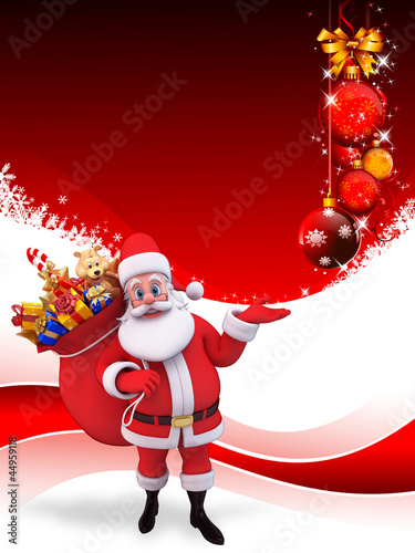 Illustration: santa with gift bag on red background with balls santa with gift bag on red background with balls