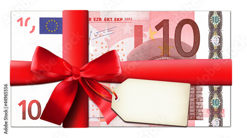 Illustration: 10 Euro mit roter Schleife und Etikett 10 Euro mit roter Schleife und Etikett