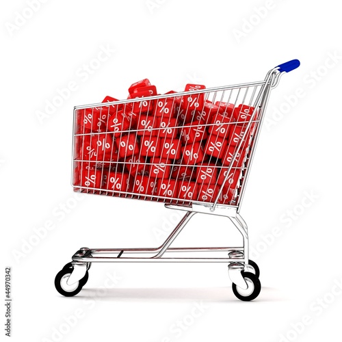 Illustration: 3d shopping cart with discount cubes side view 3d shopping cart with discount cubes side view
