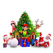 elves sitting before christmas tree