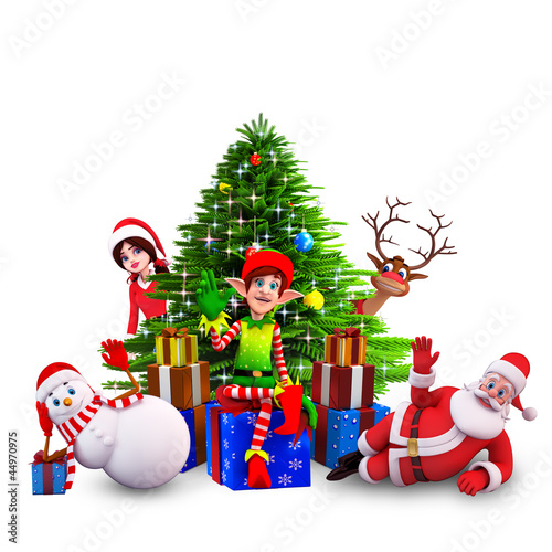 Illustration: elves sitting before christmas tree elves sitting before christmas tree