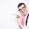 Laughing Computer Geek Pointing To Empty Copyspace