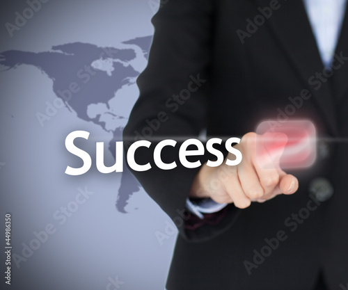 Illustration: Businesswoman touching on the success button Businesswoman touching on the success button