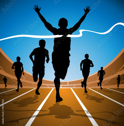 Illustration: Winning Athlete ahead of a group of marathon runners. Winning Athlete ahead of a group of marathon runners.