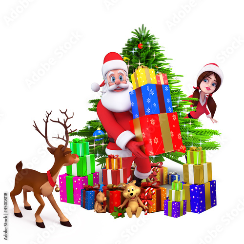 Illustration: santa with girl before christmas tree with reindeer santa with girl before christmas tree with reindeer