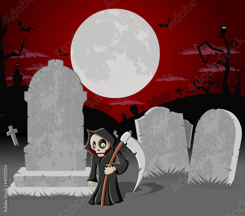 Vector: Halloween cemetery with tombs and cartoon death character Halloween cemetery with tombs and cartoon death character