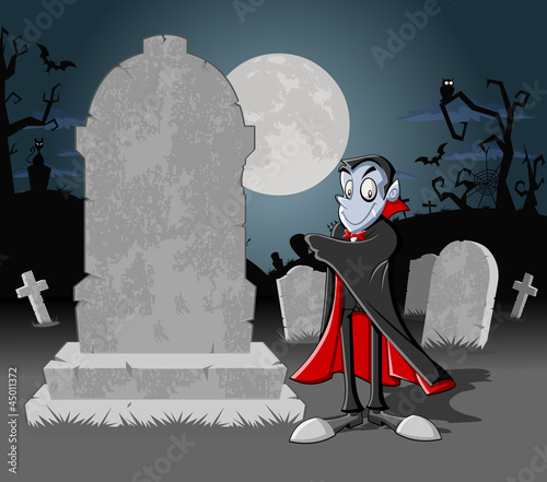 Vector: Halloween cemetery with tombs and cartoon vampire character Halloween cemetery with tombs and cartoon vampire character