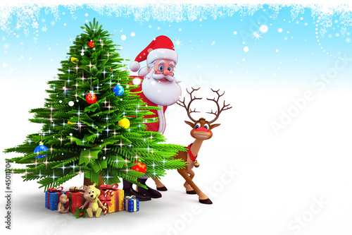Illustration: santa hiding behind christmas tree santa hiding behind christmas tree