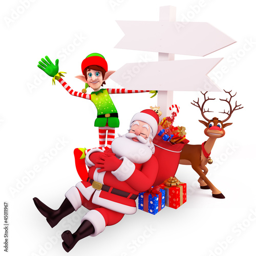 Illustration: sleeping santa with elves, sign and reindeer sleeping santa with elves, sign and reindeer