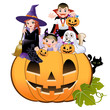 Girls, boy and dog in halloween costume, white background