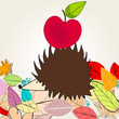 Cute autumn illustration with hedgehog and apple