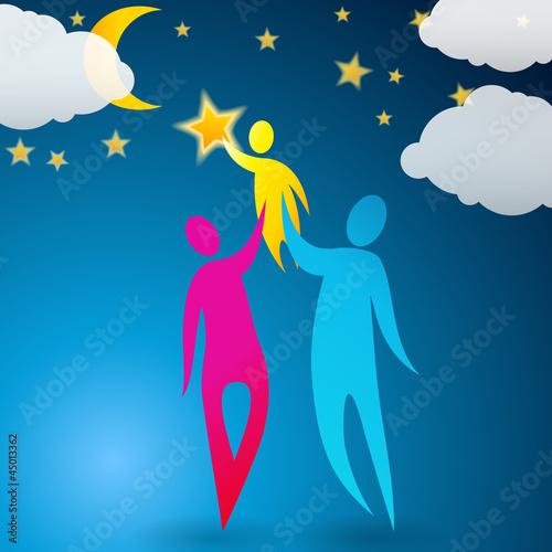 Vector: Couple helping their child reach the stars Couple helping their child reach the stars