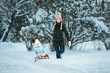 Little girl whith mother on sledge