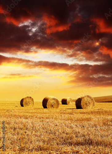 Photo: sunset over hay bales sunset over hay bales