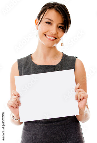 Photo: Business woman holding a banner Business woman holding a banner