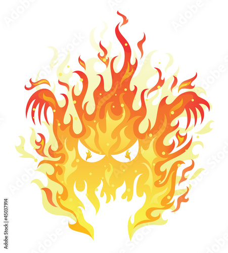 Vector: Angry face in a fire on the white background. Angry face in a fire on the white background.