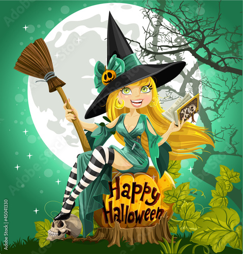 Vector: Witch with a book and broom sitting on a Halloween background Witch with a book and broom sitting on a Halloween background