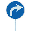 Turn right ahead sign, blue round isolated roadside traffic sign