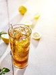 Photo: cold iced tea with lemons and copy space composition. cold iced tea with lemons and copy space composition.