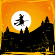 Vector: Halloween Background Flying Witch & Full Moon Retro Orange Halloween Background Flying Witch & Full Moon Retro Orange