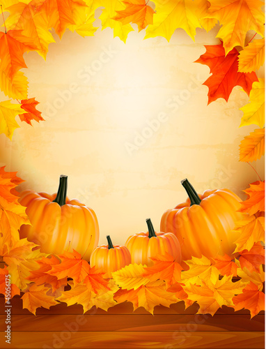Vector: Pumpkins on wooden background with leaves. Pumpkins on wooden background with leaves.