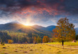 Colorful autumn landscape in the mountains. Sunrise