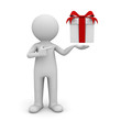 Illustration: 3d man and gift box with red ribbon bow isolated on white 3d man and gift box with red ribbon bow isolated on white
