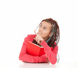 pointing student girl with african plaits and book