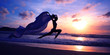 Foto: Silhouette of woman jumping with scarf on the beach Silhouette of woman jumping with scarf on the beach