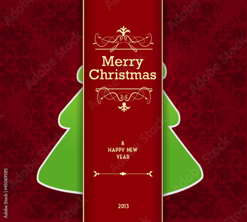 Vector: Christmas card with tree behind the stripe. Christmas card with tree behind the stripe.